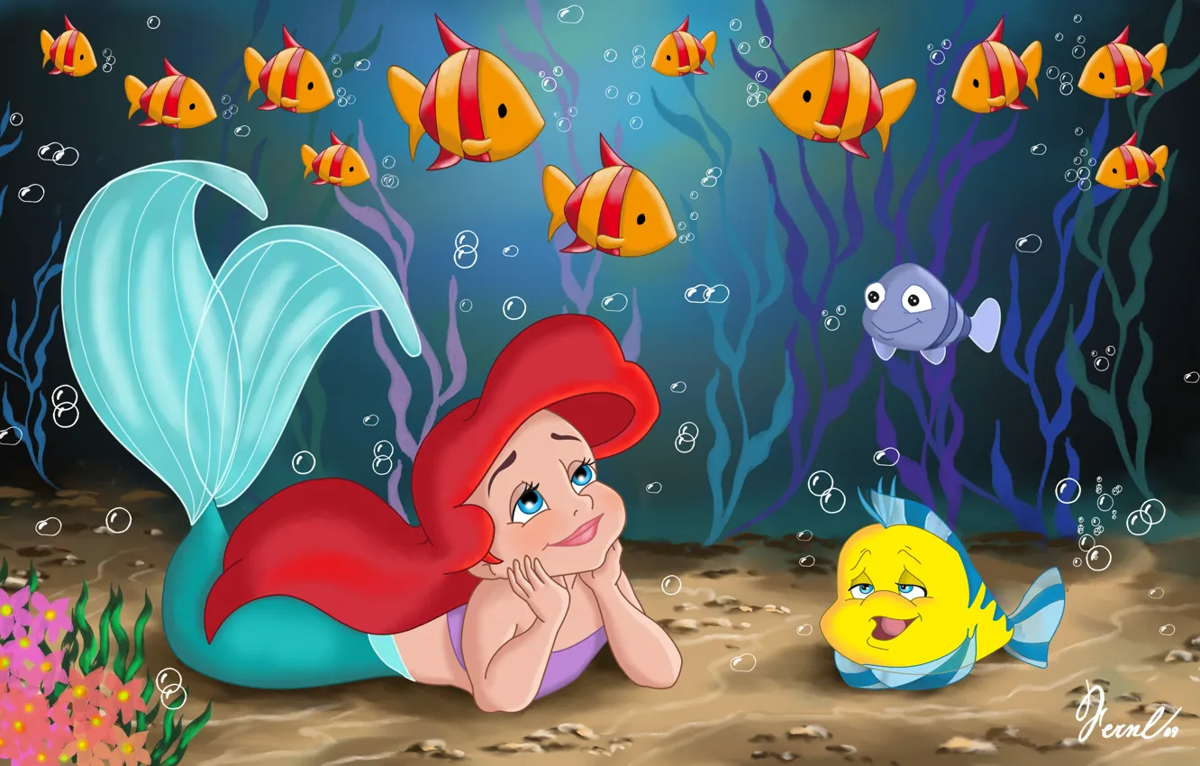 Фото обои море, рыбки, водоросли, детство, мультфильм, русалка, сказка, прелесть