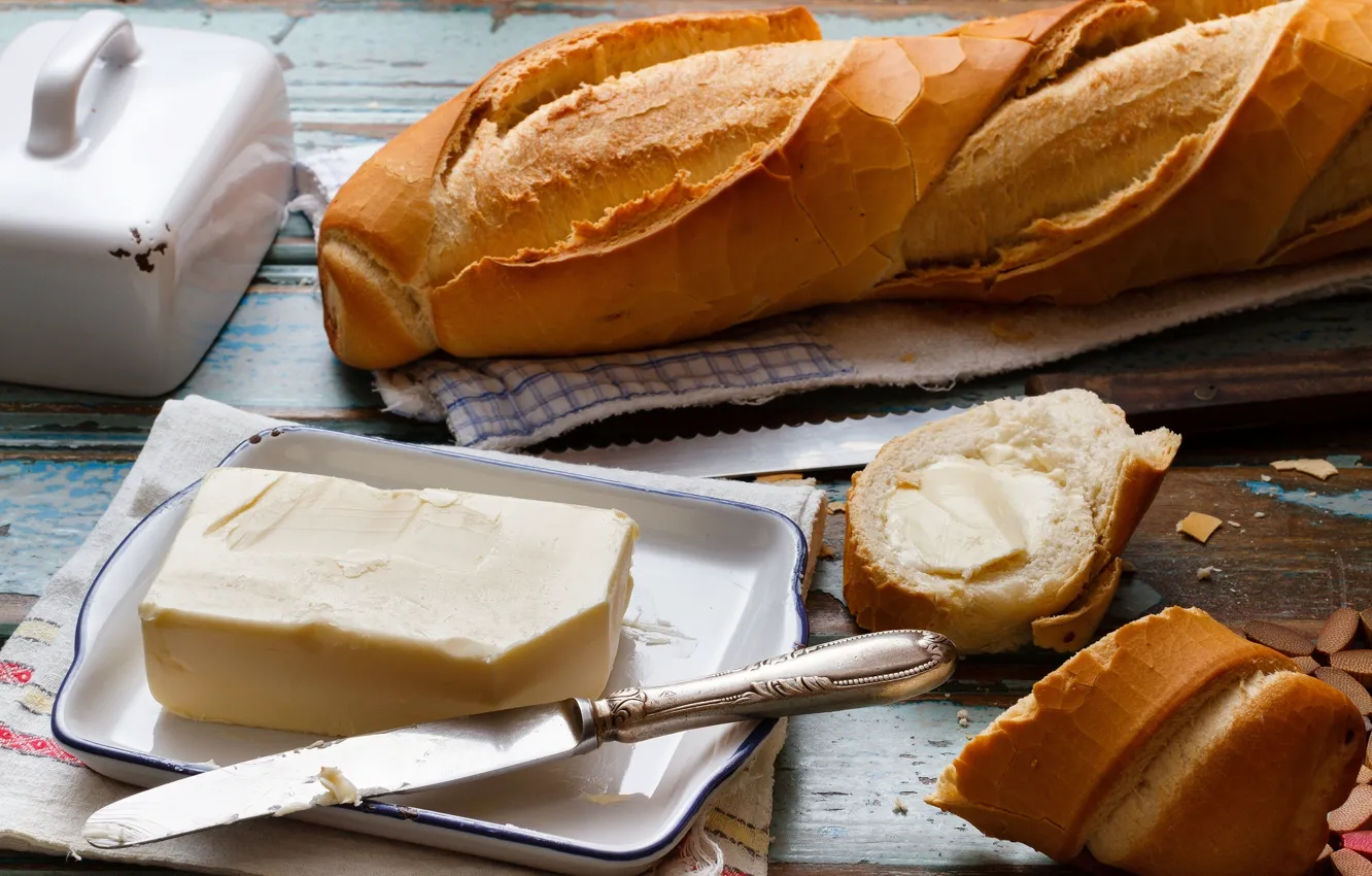 Фото обои масло, еда, завтрак, хлеб, нож, багет, батон