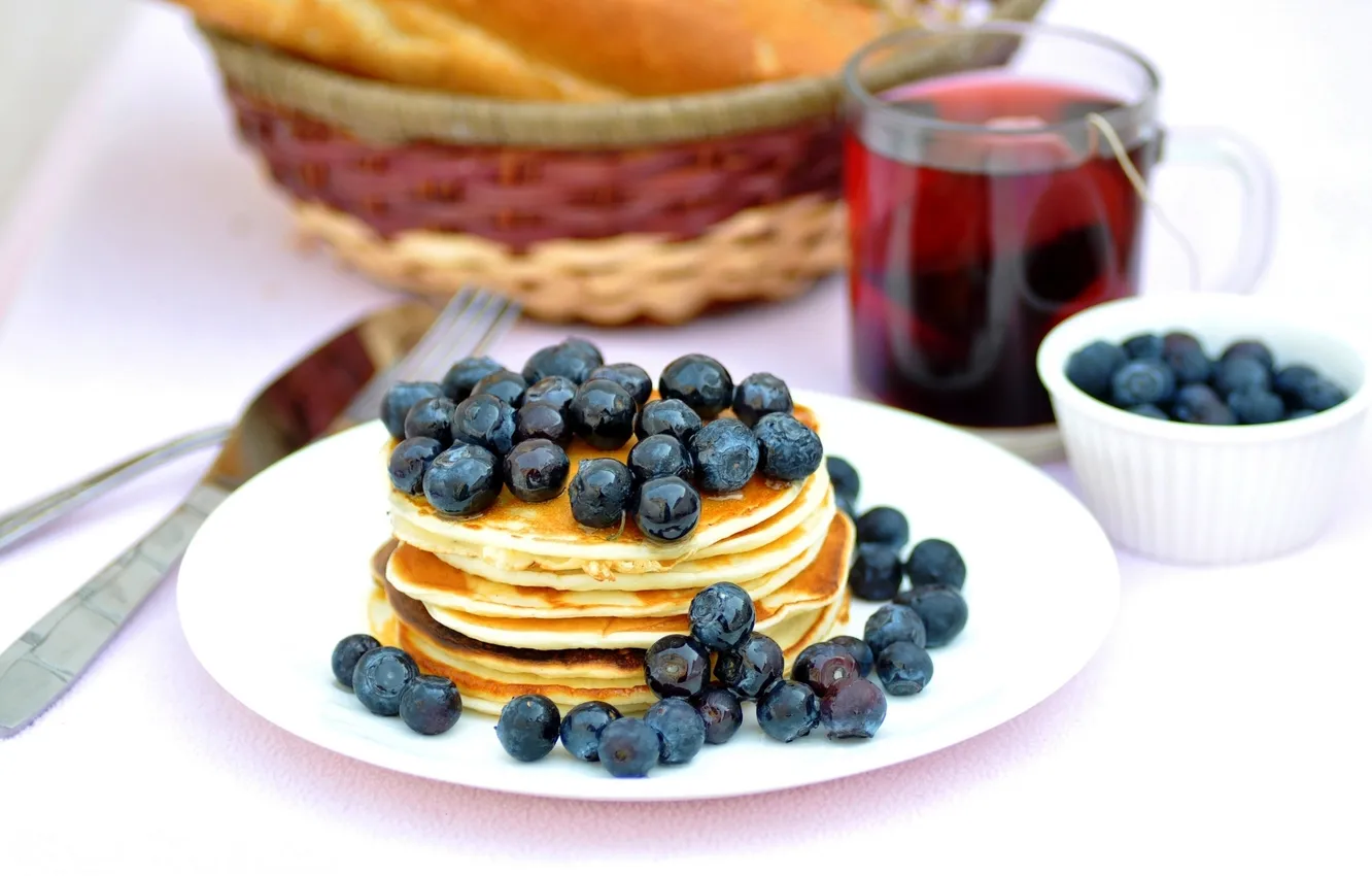 Фото обои ягоды, чай, еда, завтрак, черника, мед, тарелка, чашка