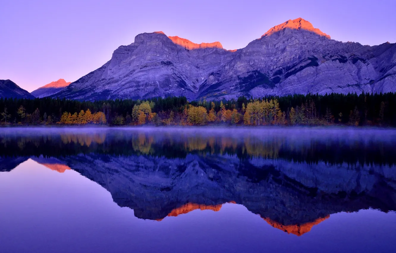 Фото обои лес, горы, озеро, отражение, Sunrise, Mountains, Morning, Lake