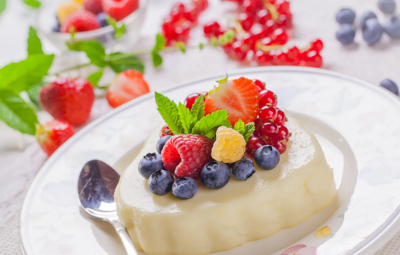 Фото обои ягоды, малина, клубника, сердечко, мята, десерт, смородина, желе