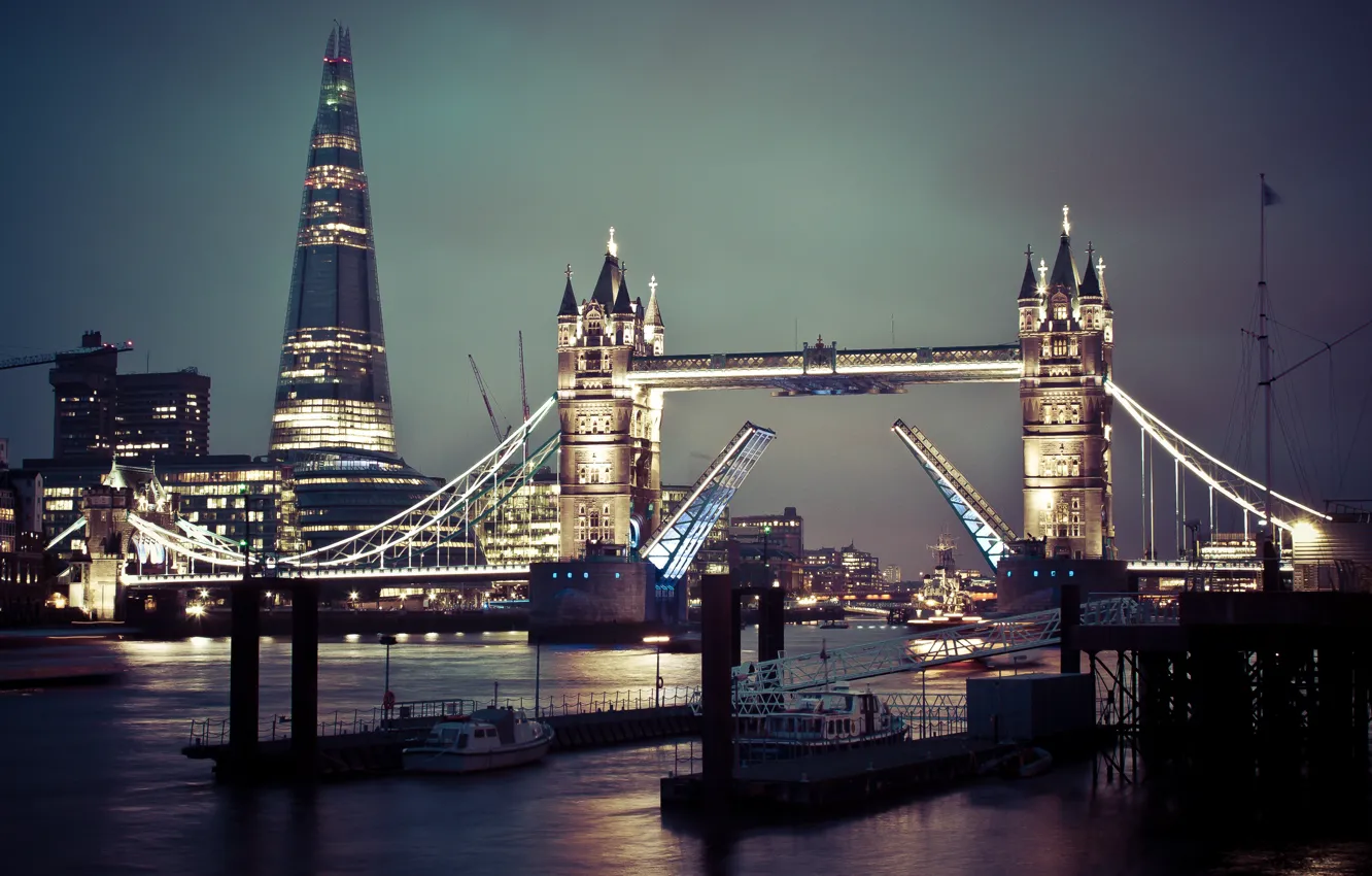 Фото обои ночь, огни, Англия, Лондон, Тауэрский мост