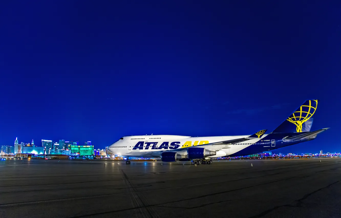 Фото обои ночь, огни, Лас-Вегас, США, самолёт, Boeing 747, Маккаран, международный аэропорт