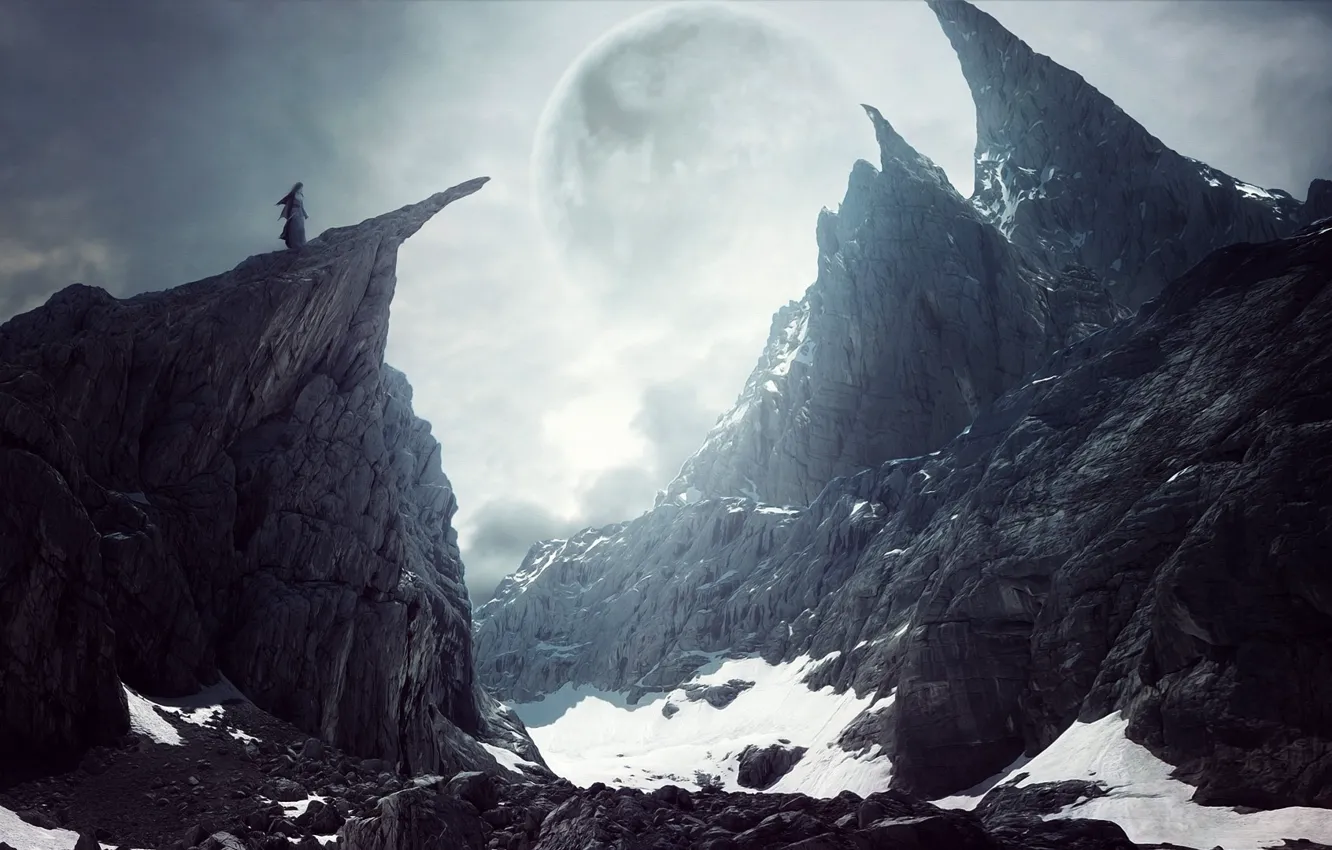 Фото обои девушка, снег, пейзаж, скалы, луна