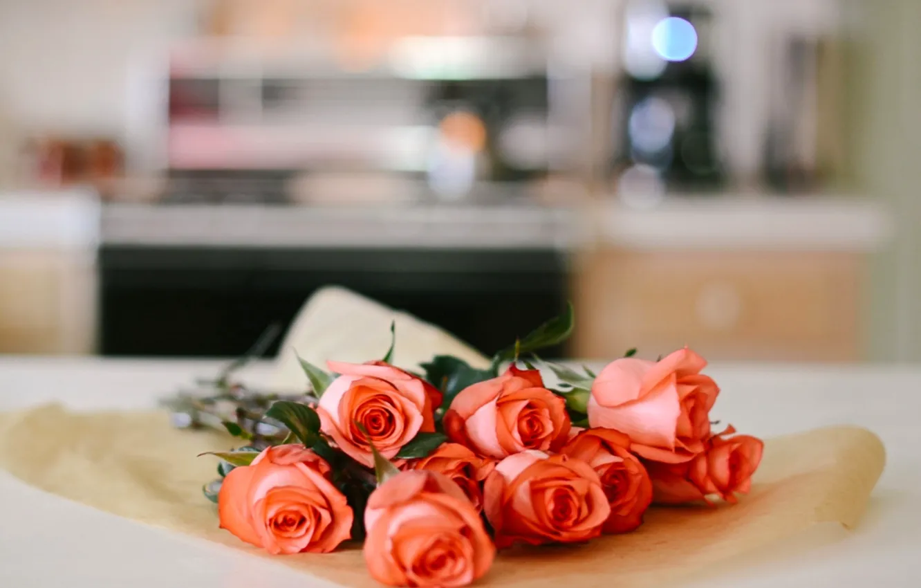 Фото обои розы, букет, бутоны, боке