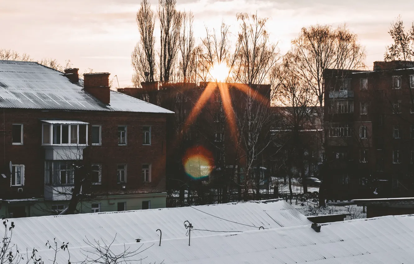 Фото обои солнце, свет, оранжевый, город, рассвет, дома, утро, новый день