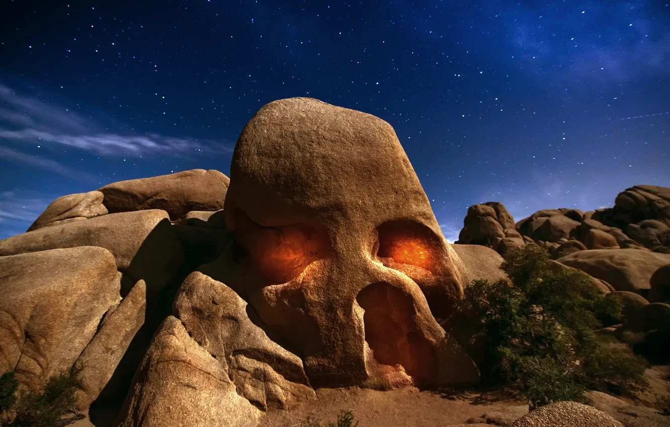 Фото обои небо, звезды, свет, ночь, скалы, пустыня, череп, Калифорния