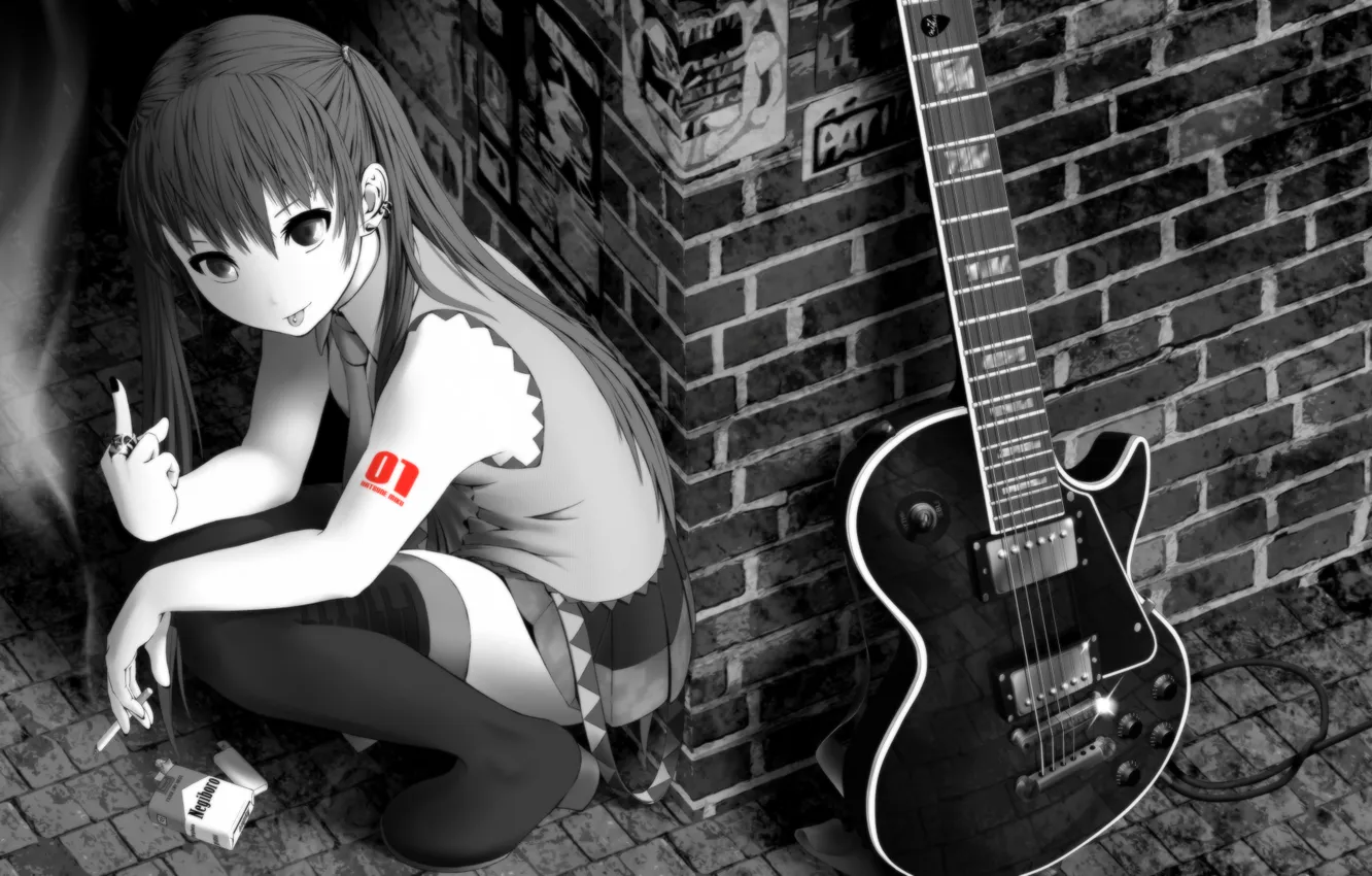 Фото обои язык, стена, надпись, гитара, кирпич, фак, аниме, Hatsune Miku