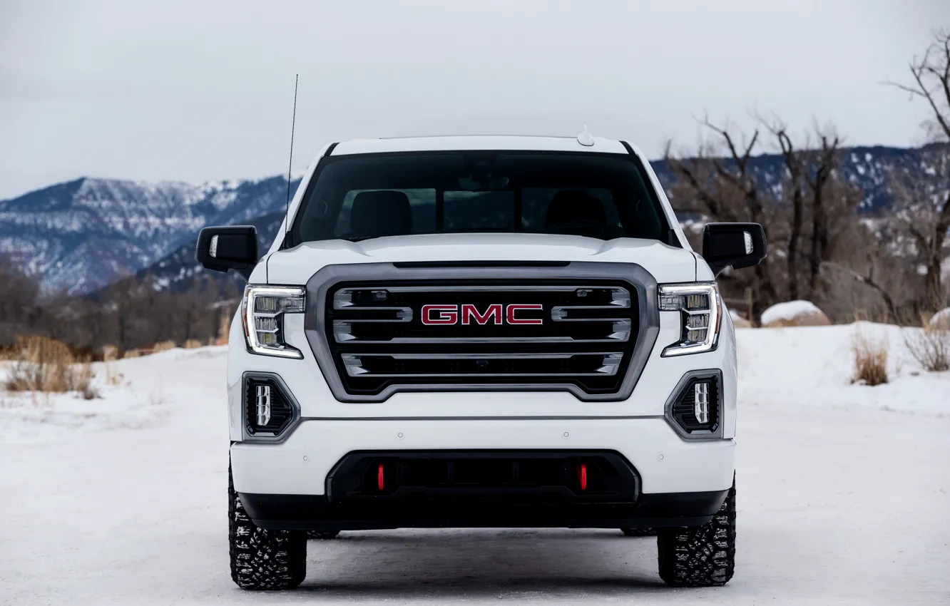 Фото обои белый, вид спереди, пикап, GMC, Sierra, AT4, 2019