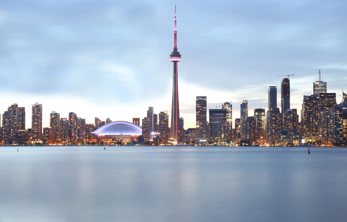 Фото обои небо, облака, озеро, Канада, Торонто, озеро Онтарио, CN Tower