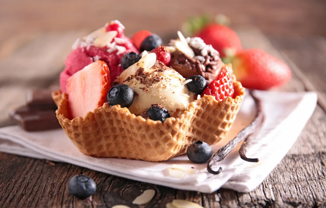 Фото обои ягоды, мороженое, десерт, вафли, салфетка