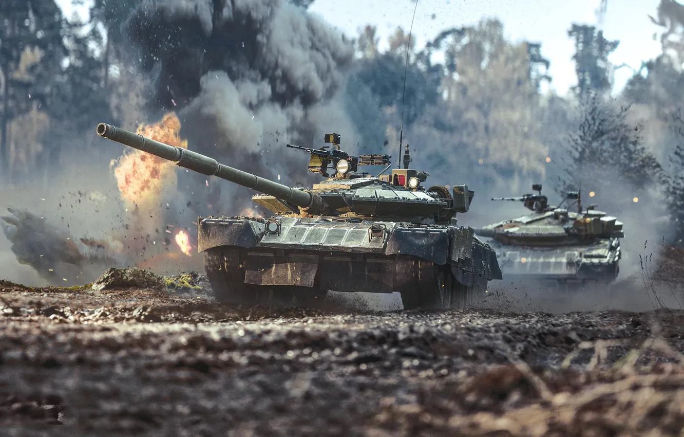 Фото обои Игра, Деревья, Взрыв, Россия, Танки, Game, War Thunder, Т-80БВМ