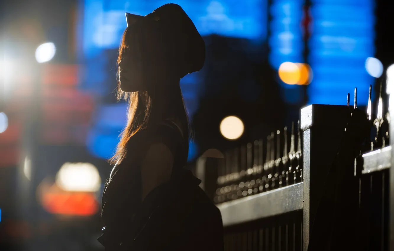 Фото обои Dark, Beautiful, Asian, Model, Lights, Night, Street, Woman
