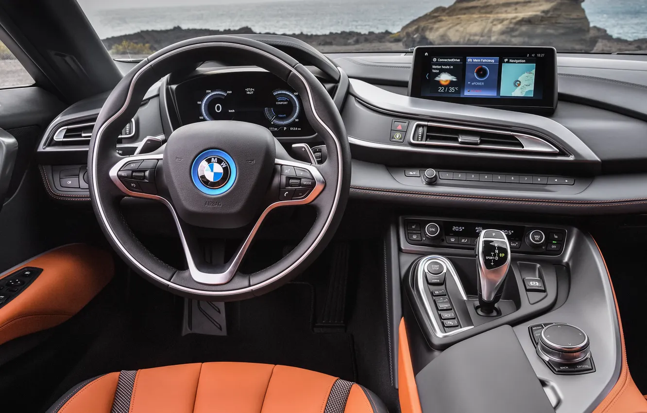 Фото обои Roadster, руль, салон, 2018, BMW i8