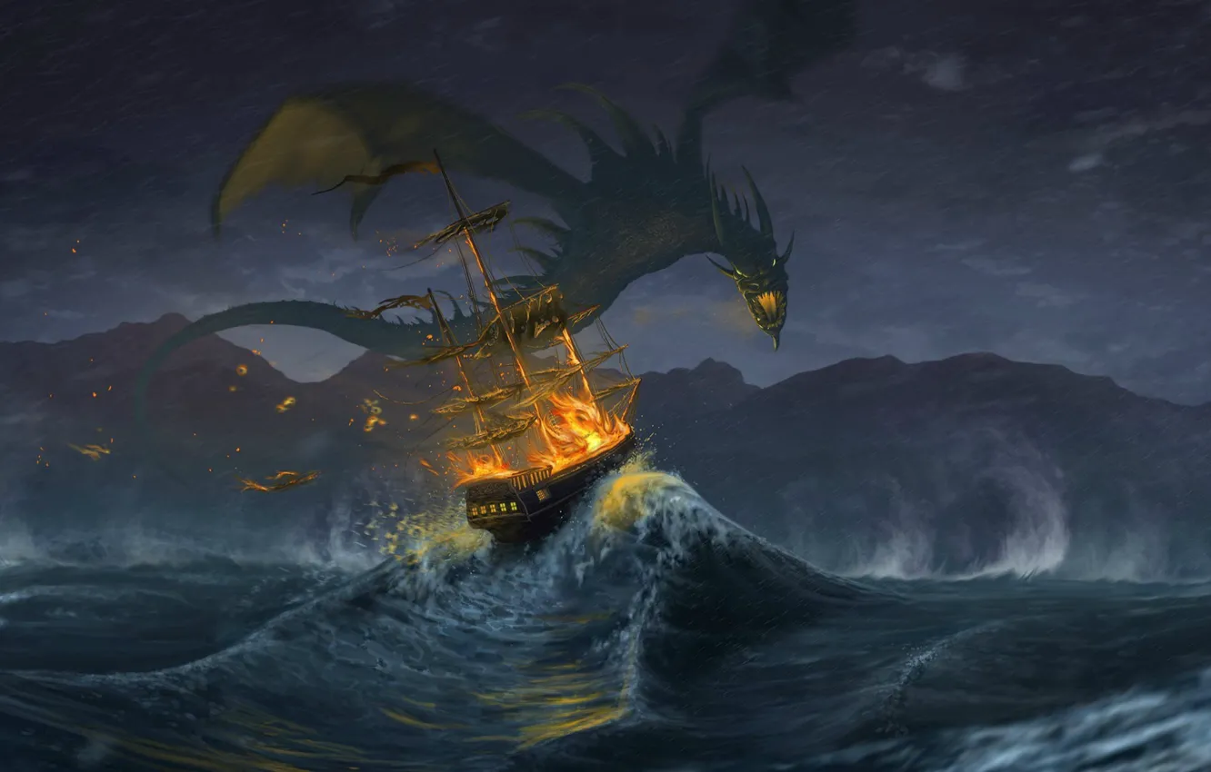 Фото обои waves, fire, fantasy, storm, Dragon, rain, horns, sea