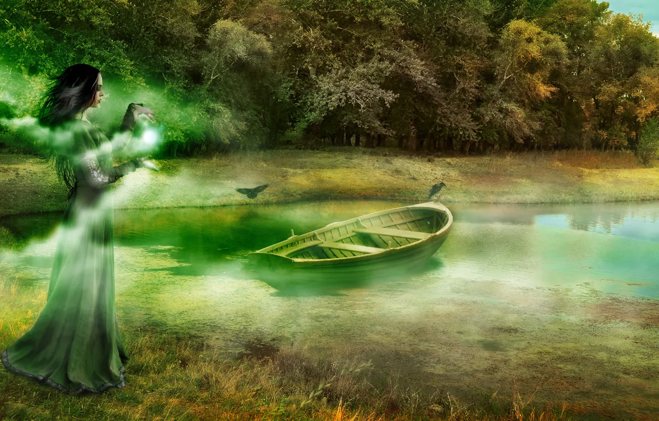 Фото обои девушка, лодка, фотоарт