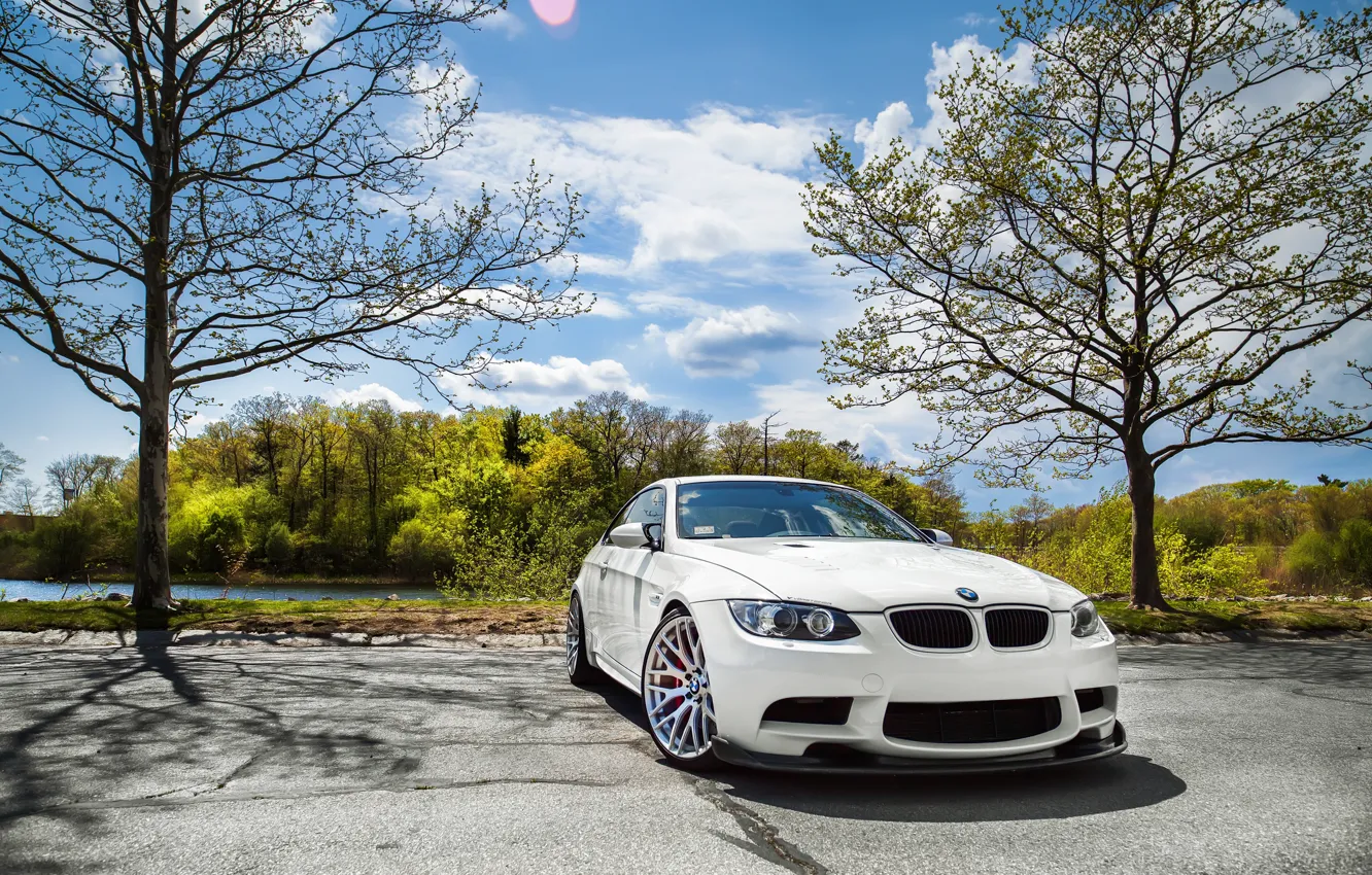 Фото обои BMW, White, E92, Trees, M3, Front view
