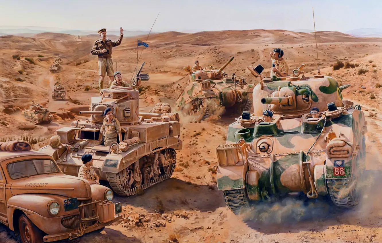 Фото обои война, рисунок, солдаты, британцы, танки, m3 stuart, танкисты, M4 Sherman