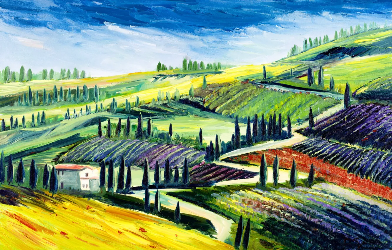 Фото обои деревья, пейзаж, дом, холмы, поля, картина, Италия, Тоскана