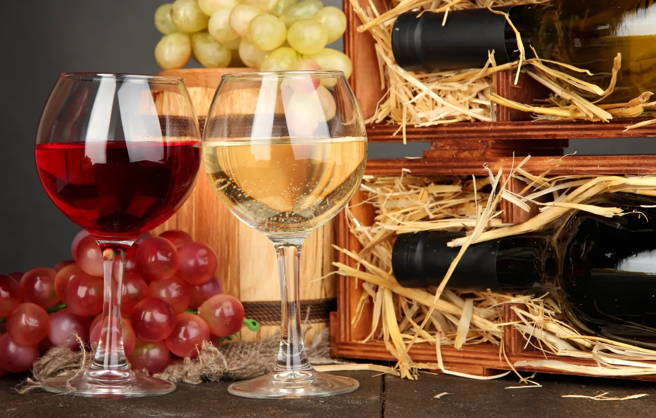 Фото обои вино, красное, белое, бокалы, виноград, бутылки, бочонок