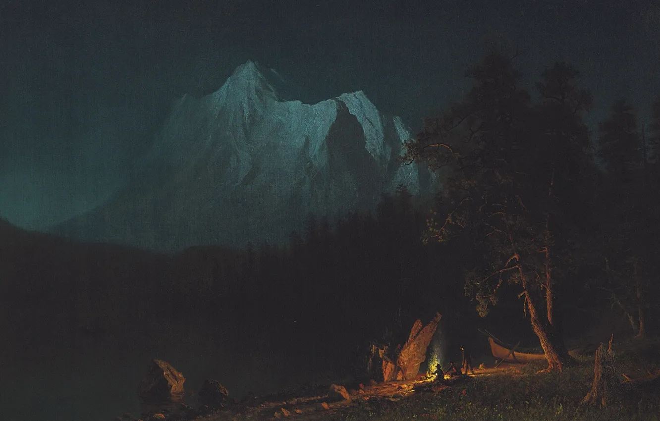 Фото обои пейзаж, горы, ночь, картина, Альберт Бирштадт, Горный Пейзаж в Лунном Свете