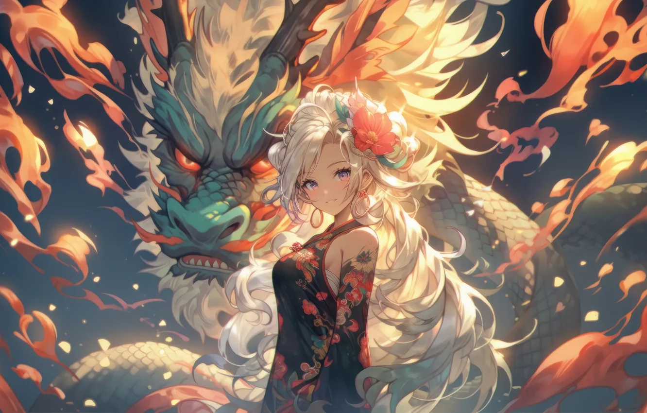 Фото обои Girl, Dragon, Anime, tattoo, Anime Girl, AI Generated