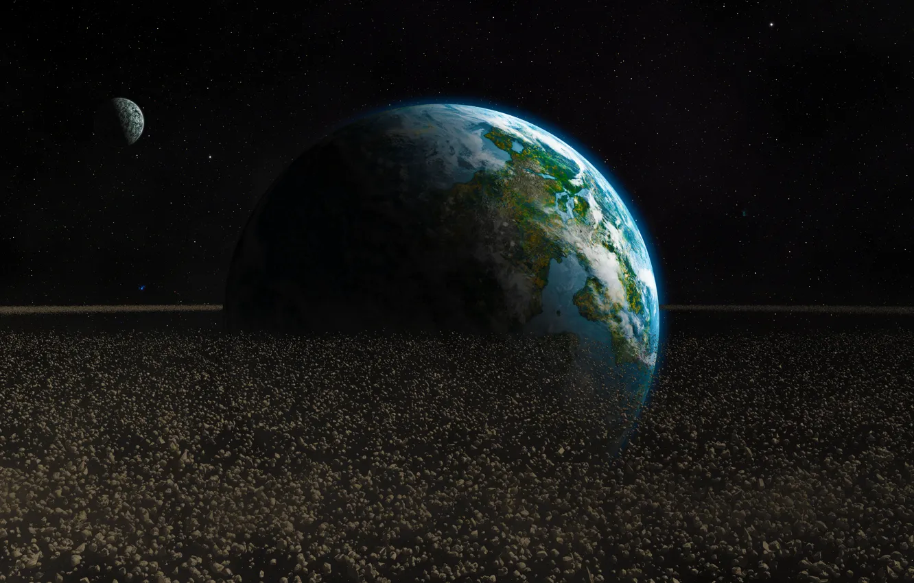 Фото обои обломки, космос, камни, планета, астероиды, арт, Земля