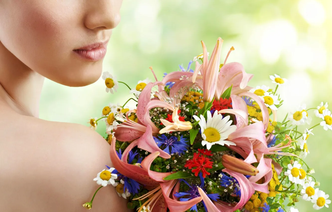 Фото обои цветы, девочки, woman, bouquet, отсутствие, делать