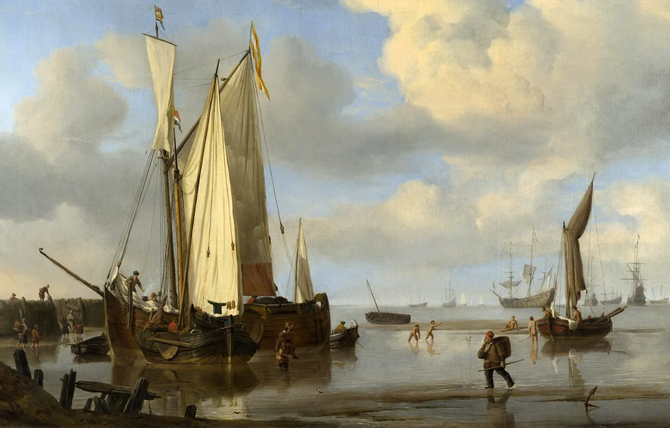 Фото обои Живопись, Голландские суда у берега, Виллем ван де Младший, Купание, Вельде