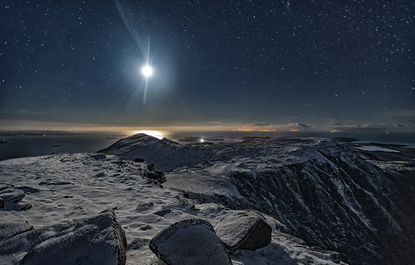 Фото обои небо, луна, гора, звёзды, Шотландия, Scotland, звёздная ночь, Ben More Coigach