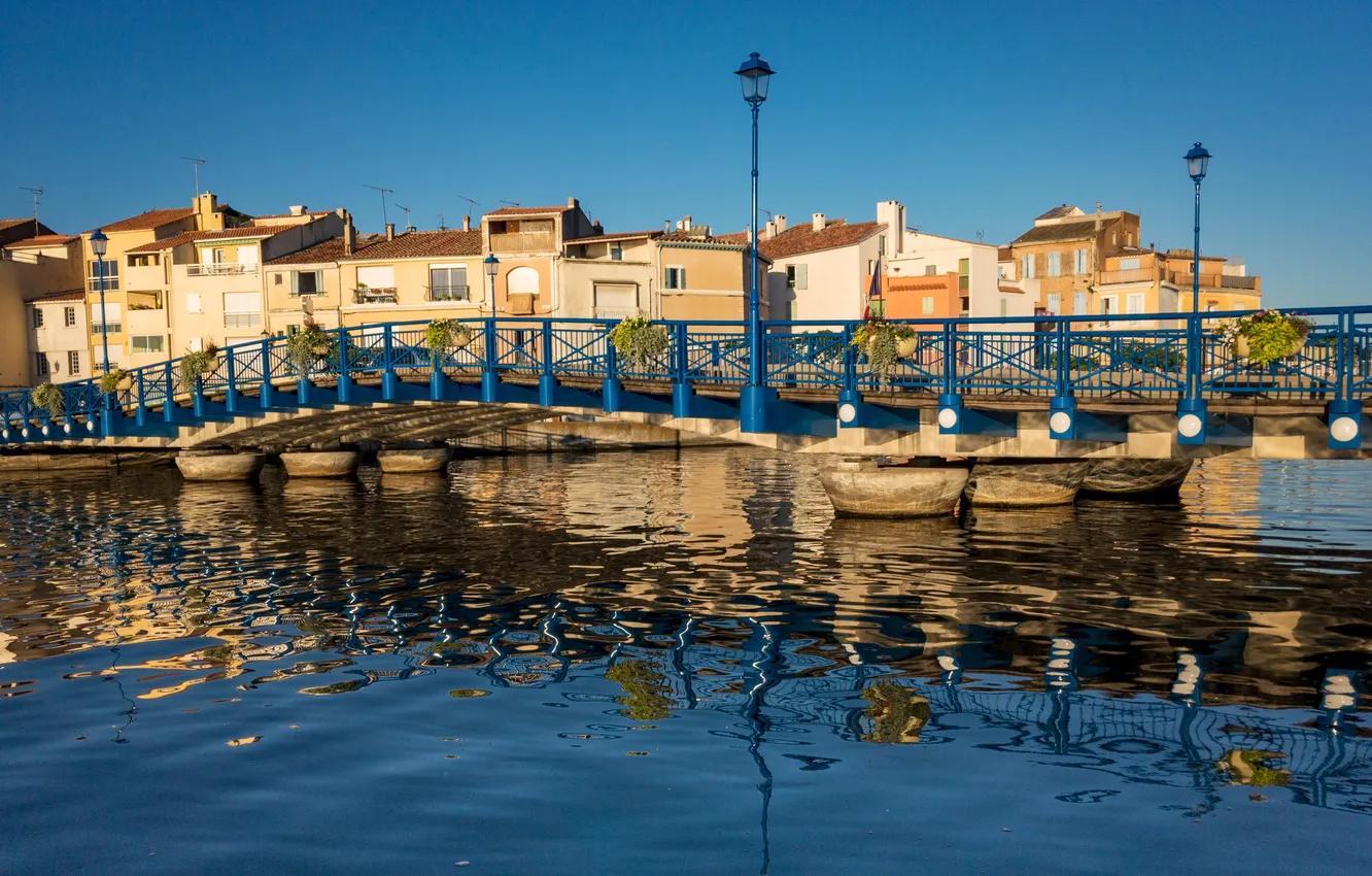 Фото обои Франция, Дома, Реки, Мосты, Martigues, Уличные фонари