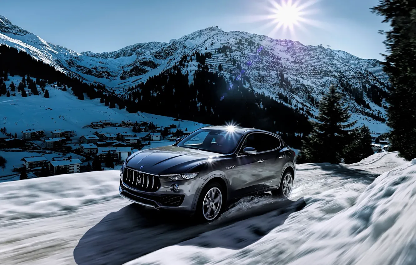 Фото обои зима, солнце, снег, горы, Maserati, levante