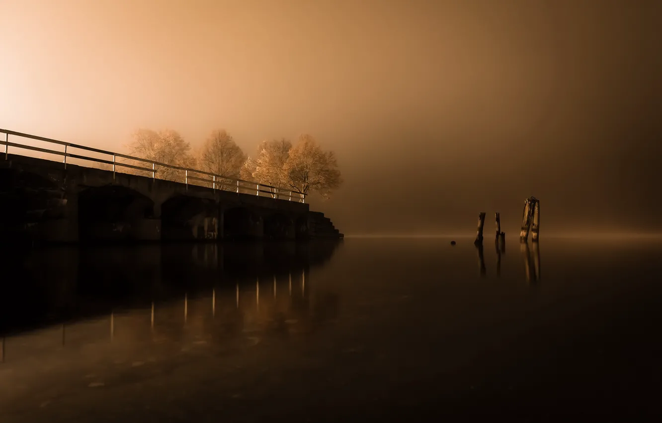 Фото обои ночь, мост, озеро