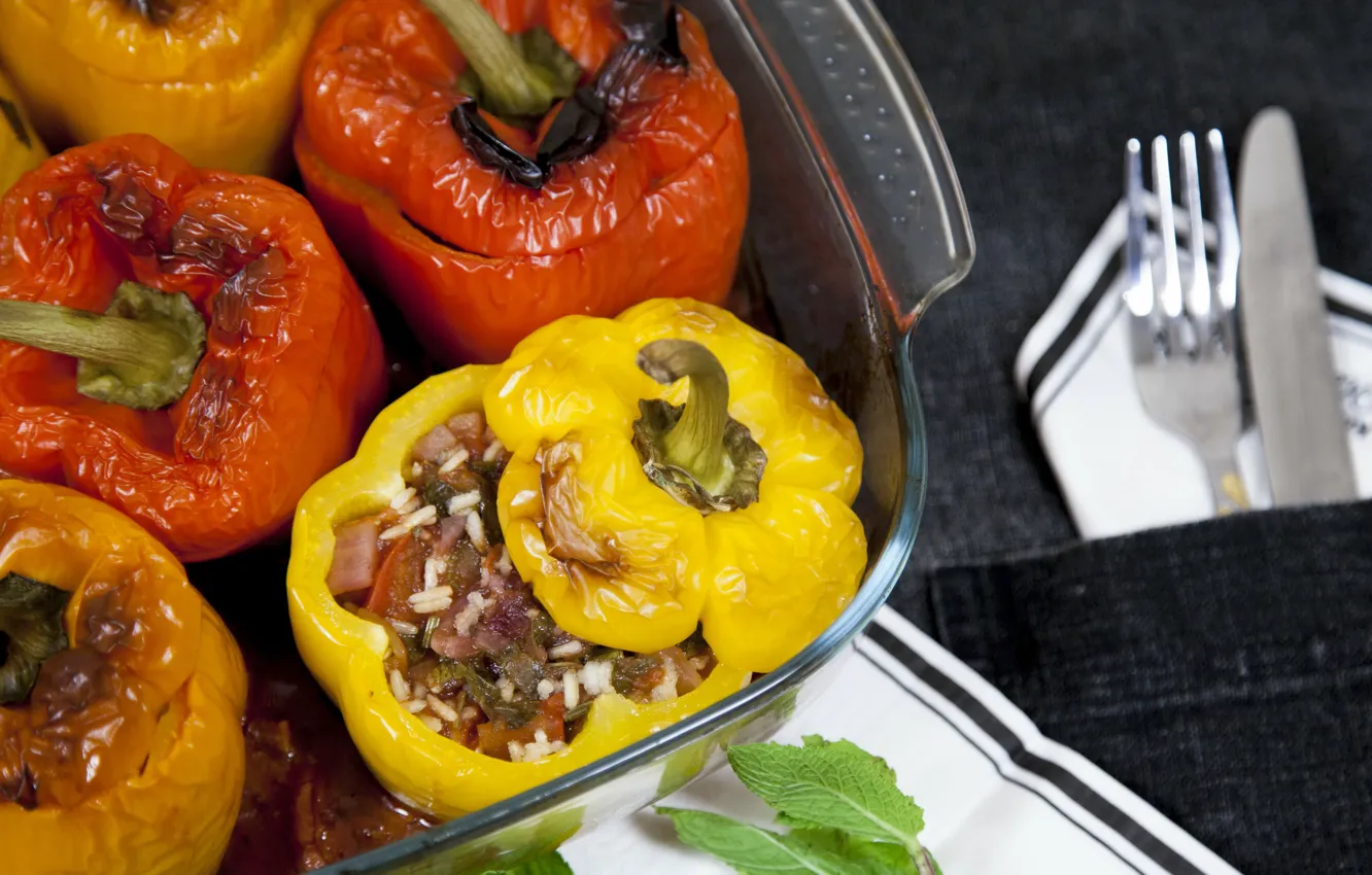 Фото обои Нож, Рис, Перец, Вилка, Блюдо, Rice, Pepper