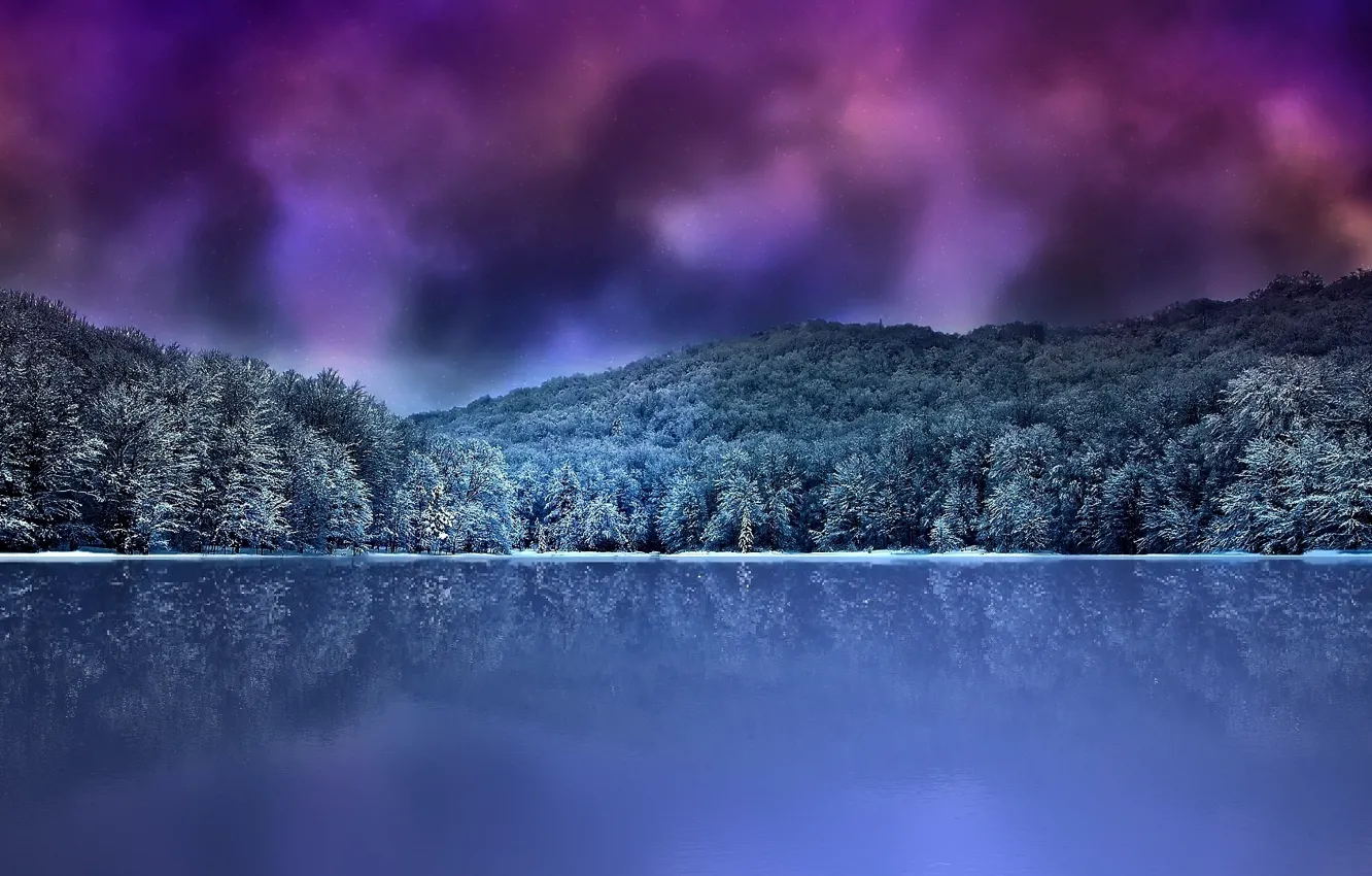 Фото обои зима, лес, облака, горы, ночь, озеро