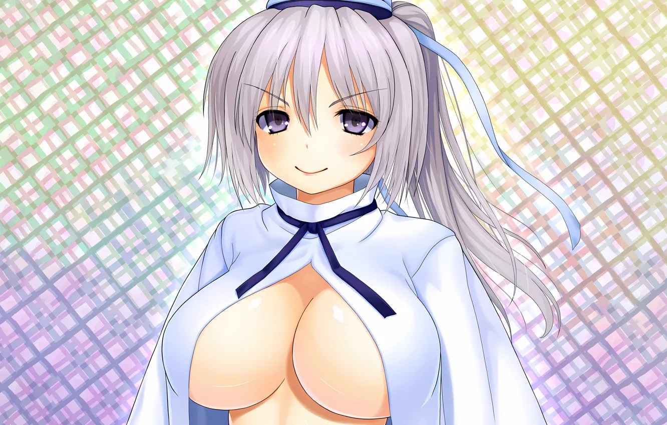 Фото обои girl, sexy, cleavage, blouse, boobs, anime, beautiful, ribbons