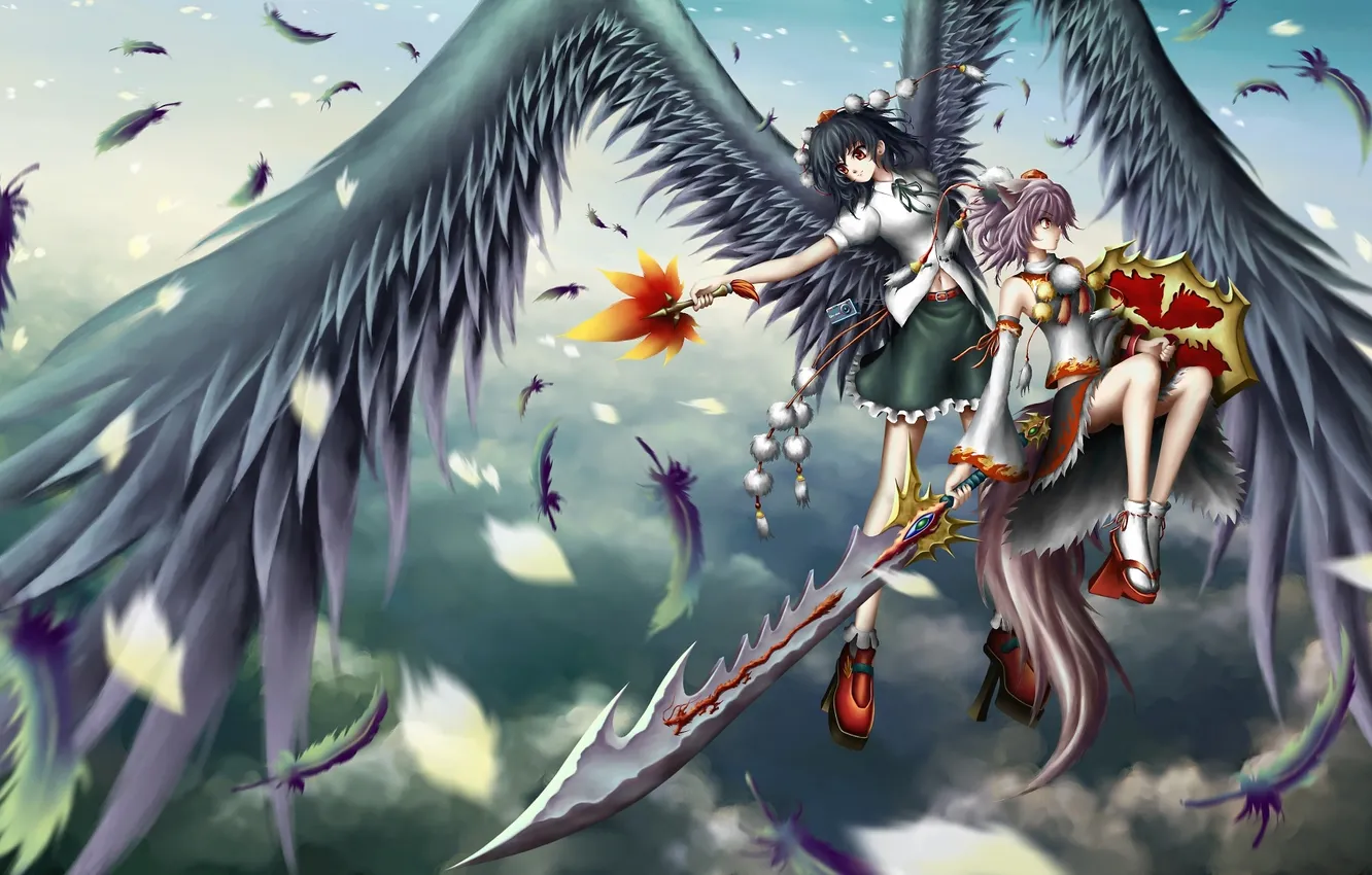 Фото обои небо, оружие, девушки, крылья, меч, аниме, арт, touhou
