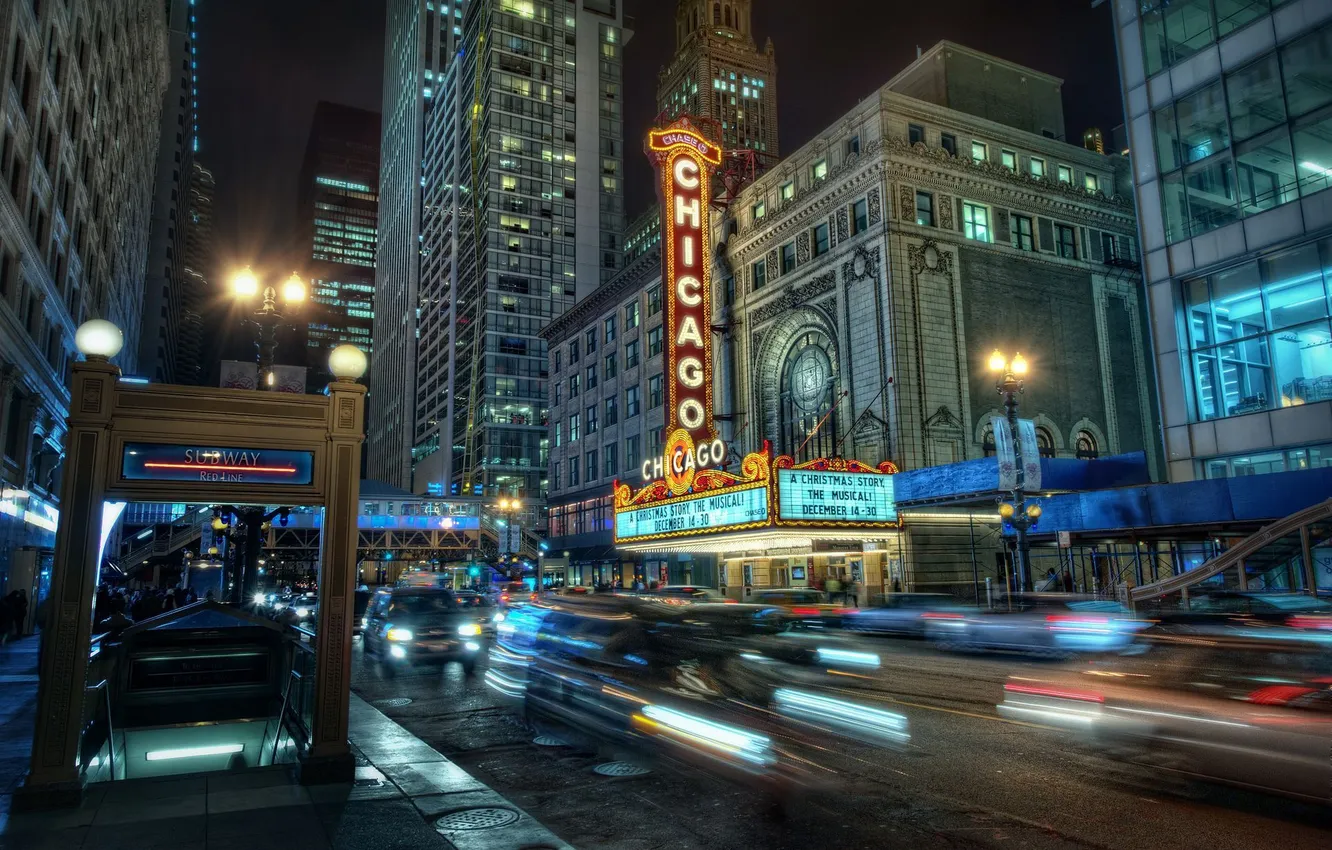Фото обои огни, метро, здания, Чикаго, ночной город, Chicago