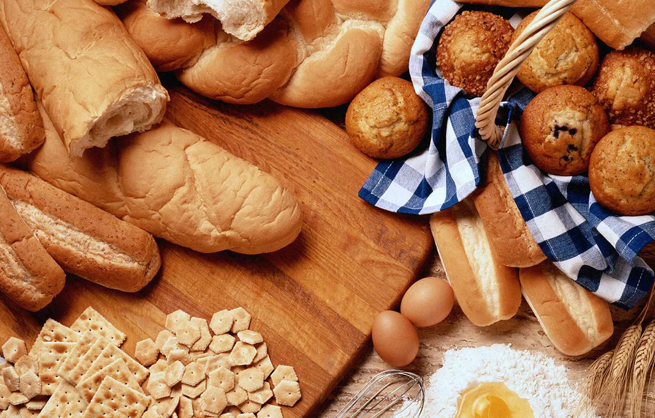Фото обои корзина, яйцо, еда, печенье, хлеб, булочка, мука