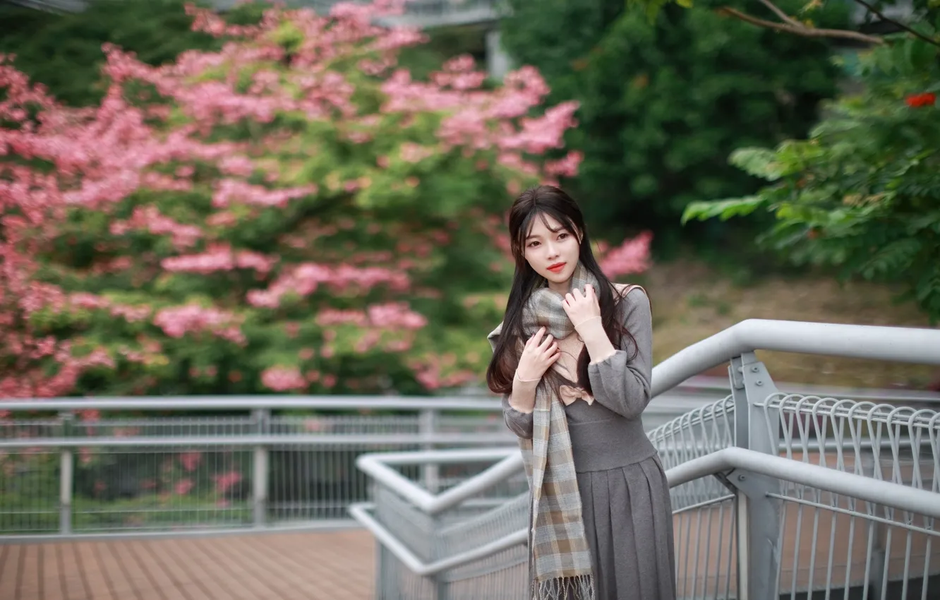 Фото обои Beautiful, Asian, Model, Woman, Pretty, Scarf, Outdoor, Railing