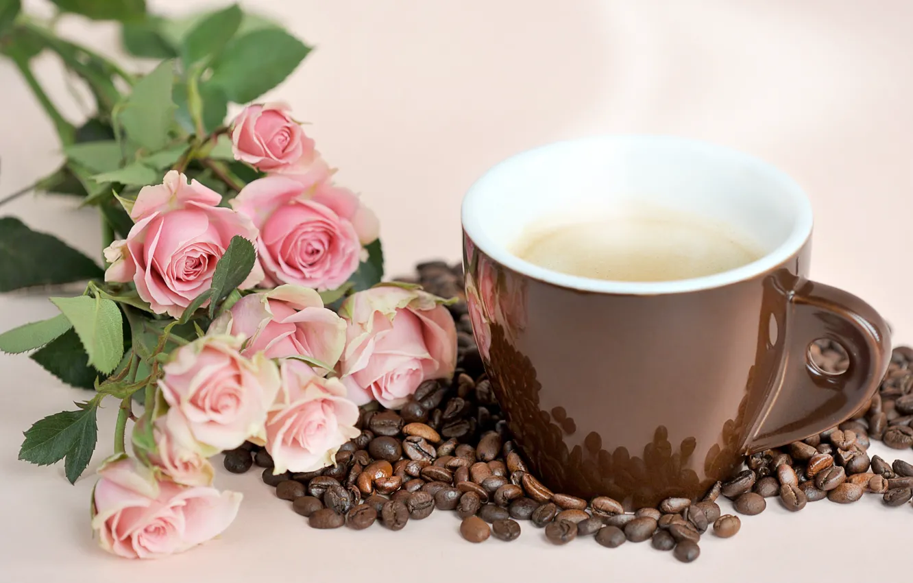 Фото обои розы, букет, чашка, кофейные зерна, INFO@ARTSY.RU, DENO