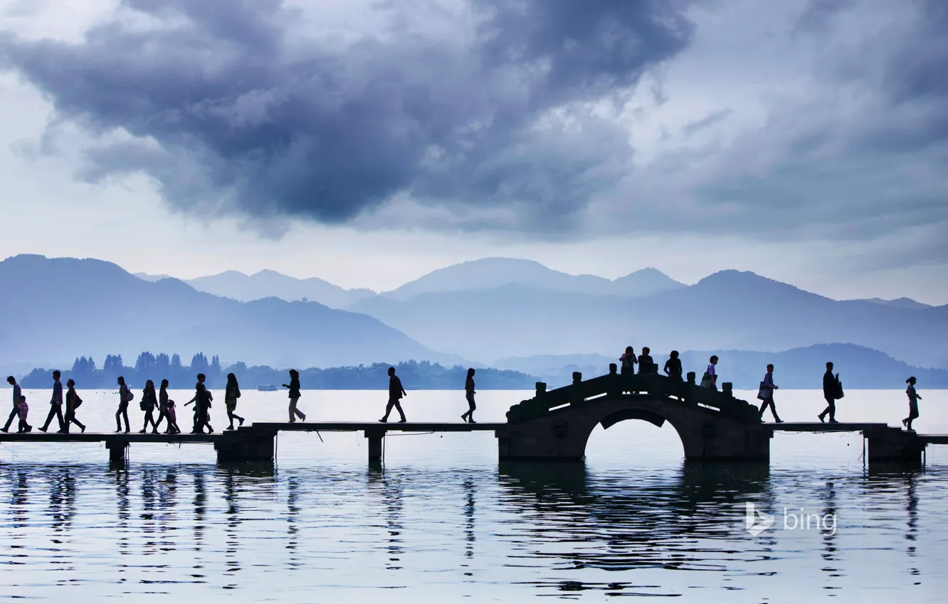 Фото обои мост, озеро, люди, Китай, Hangzhou, west lake