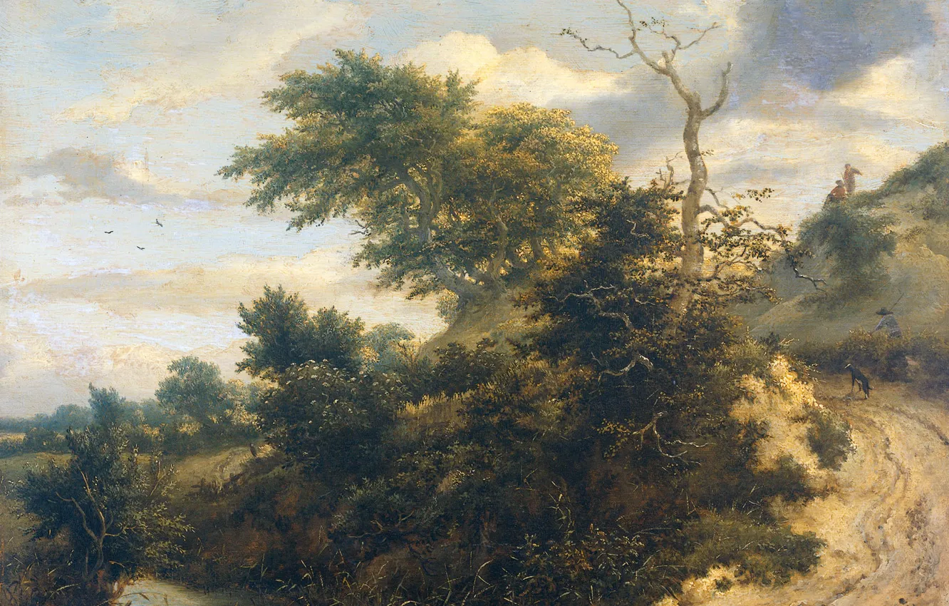 Фото обои пейзаж, дерево, масло, картина, Якоб ван Рёйсдал, Песчаная Дорога в Дюнах