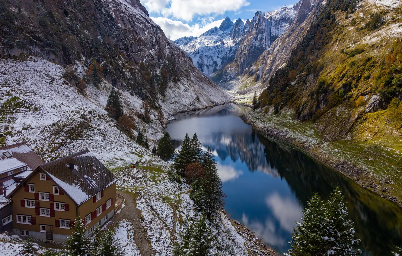 Фото обои Дома, Горы, Озеро, Швейцария, Альпы, Пейзаж, Fälensee