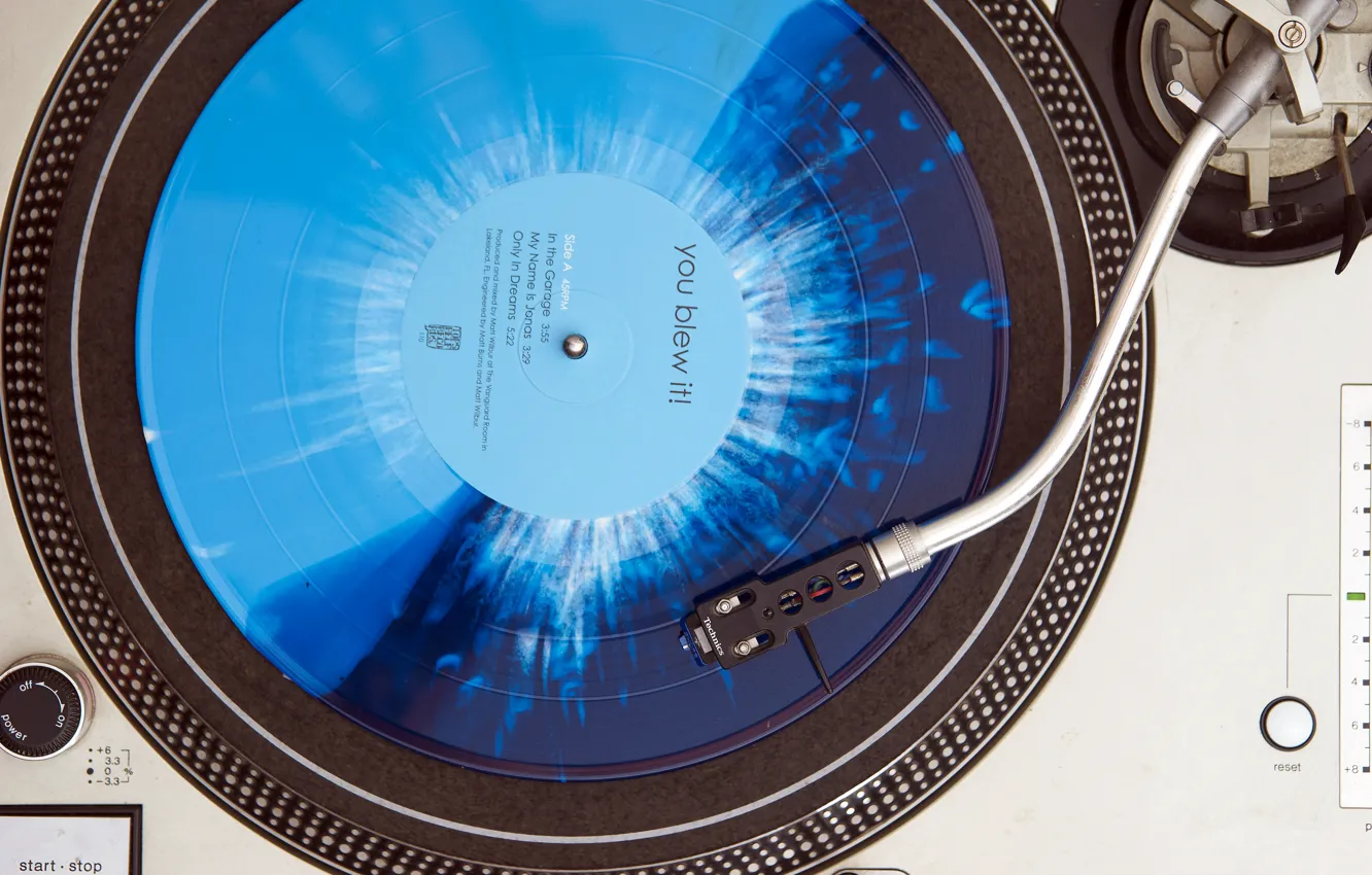 Фото обои blue, splatter, vinyl, record player, Technics, You Blew It!