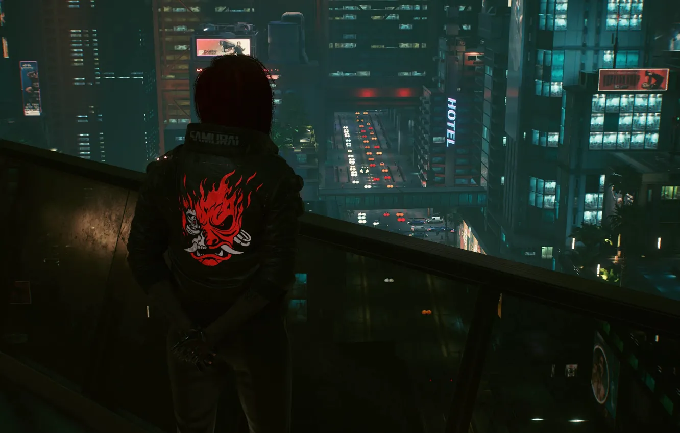 Фото обои девушка, ночь, город, огни, окно, киберпанк, Cyberpunk 2077