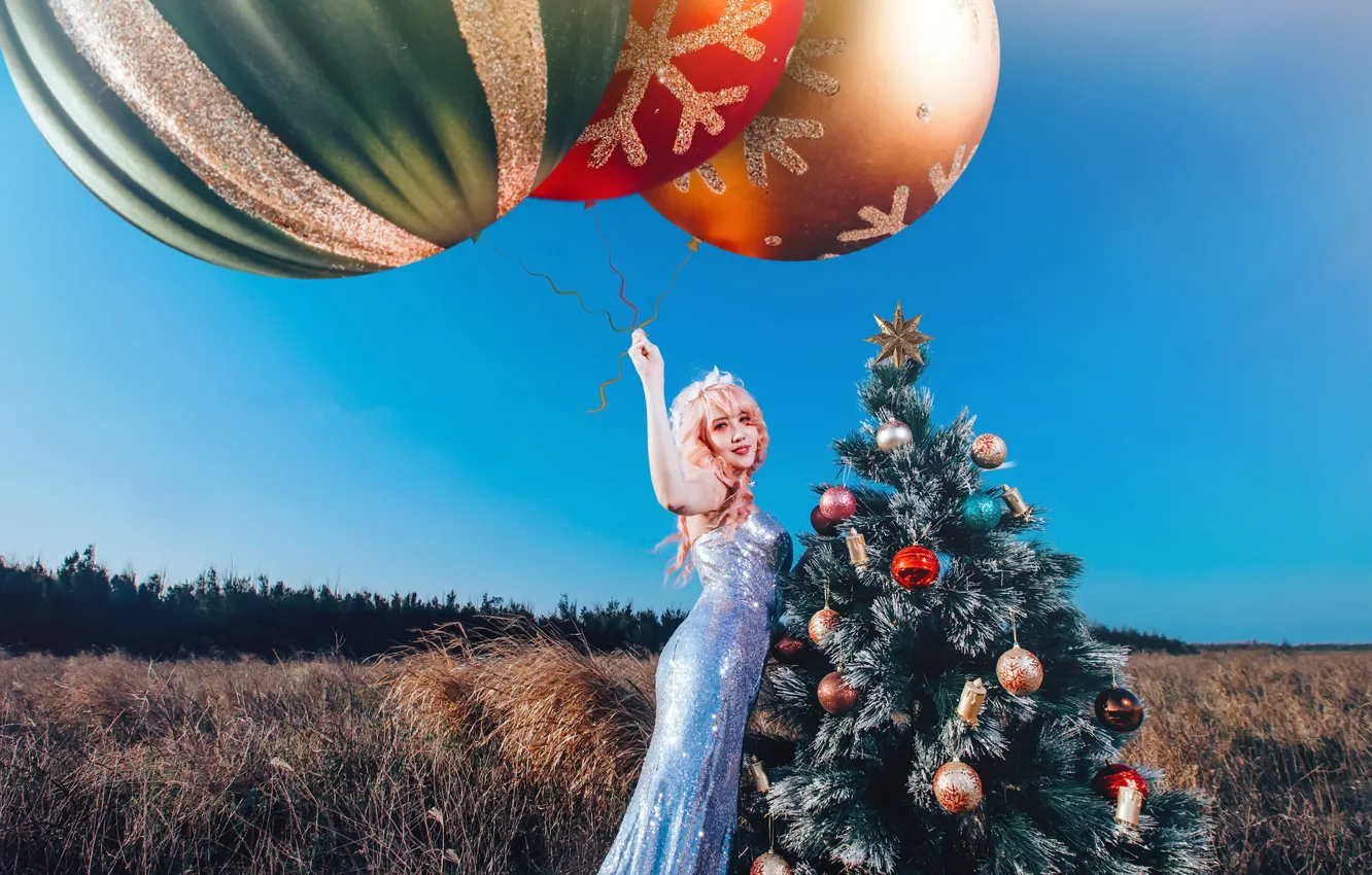 Фото обои девушка, игрушка, елка