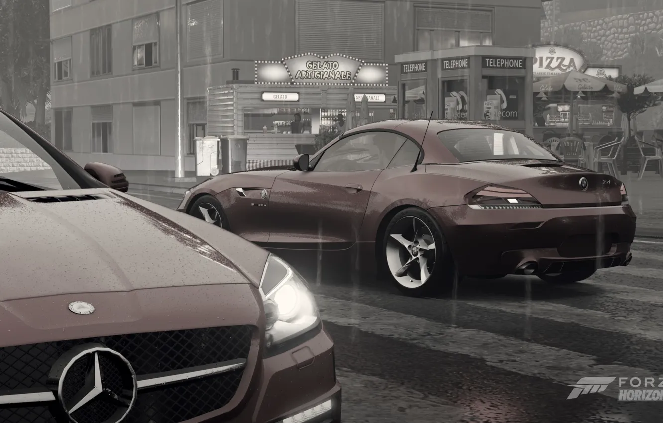 Фото обои дождь, BMW, mercedes, нуар, эпичность, Forza horizon