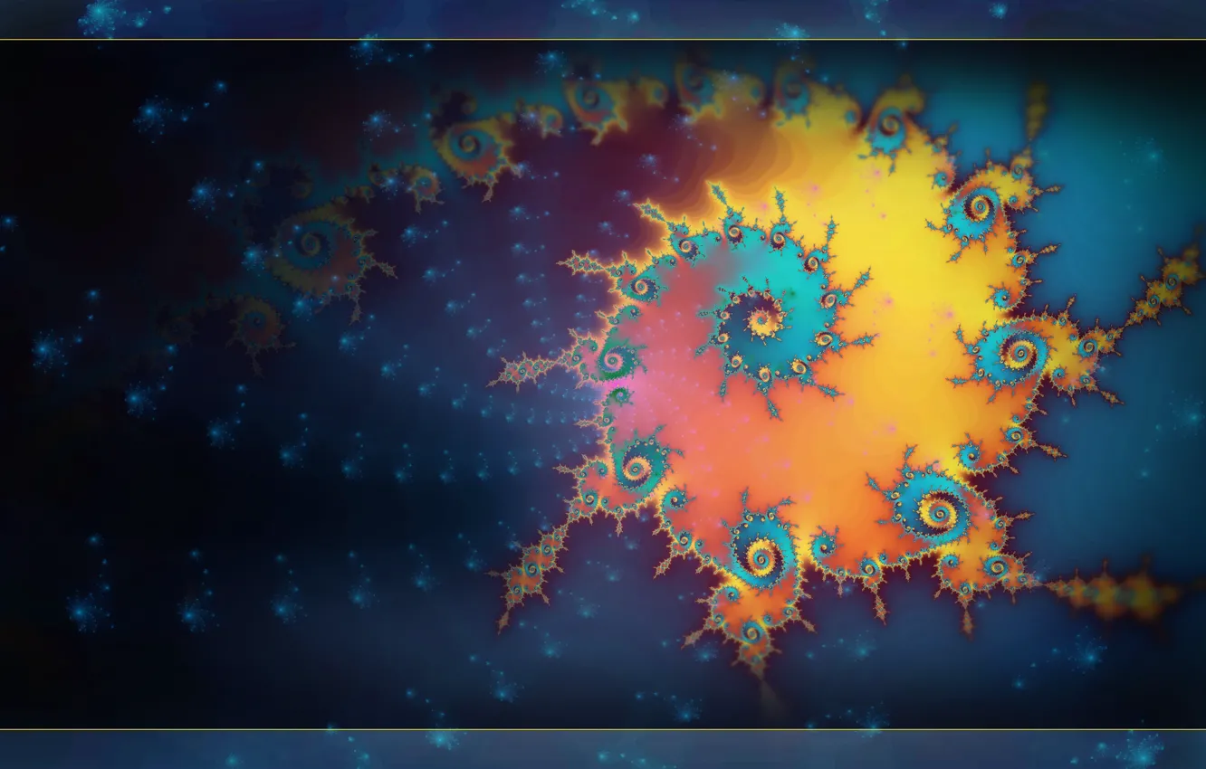 Фото обои космос, синий, желтый, абстракция, узор, темный, спираль, рамка