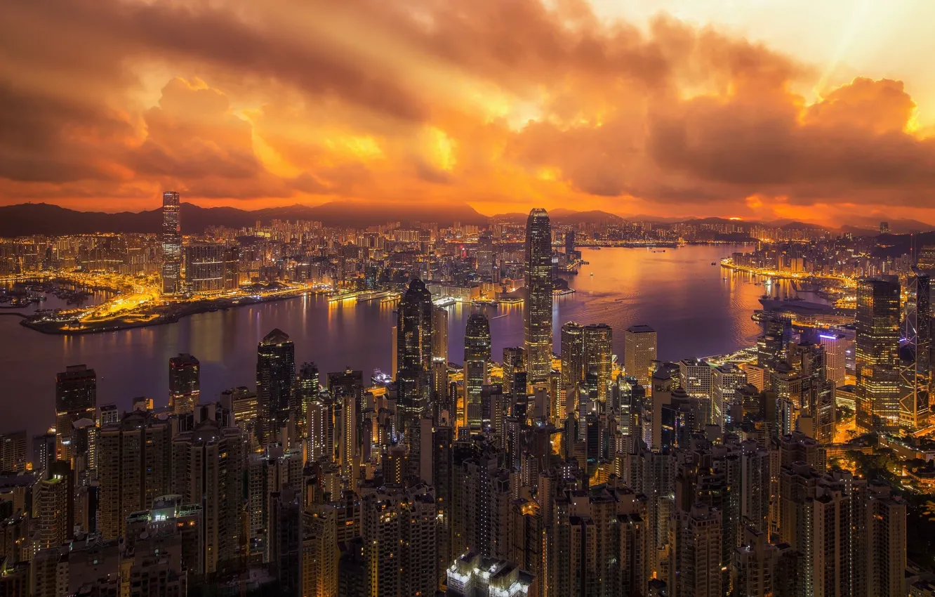 Фото обои ночь, город, здания, дороги, Гонконг, Китай
